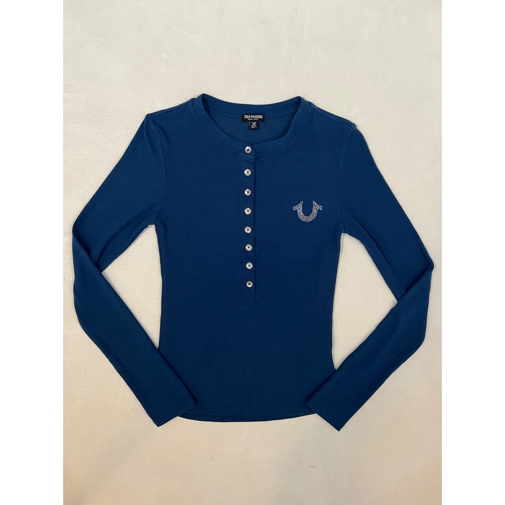 True Religion Womens Teal Blue Ribbed Henley Long Sleeve Rhinestone Logo Top XS